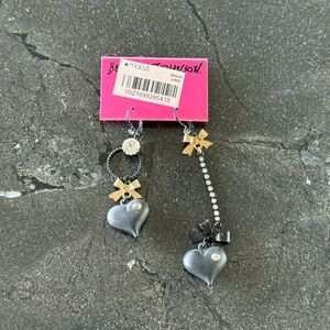 Betsey Johnson Black Heart Charm Earrings with Silver Accents